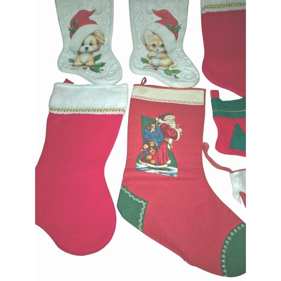 Set Of 7 Vintage Christmas Stockings Various Santa Dog Cat Tree Motifs - Picture 2 of 8